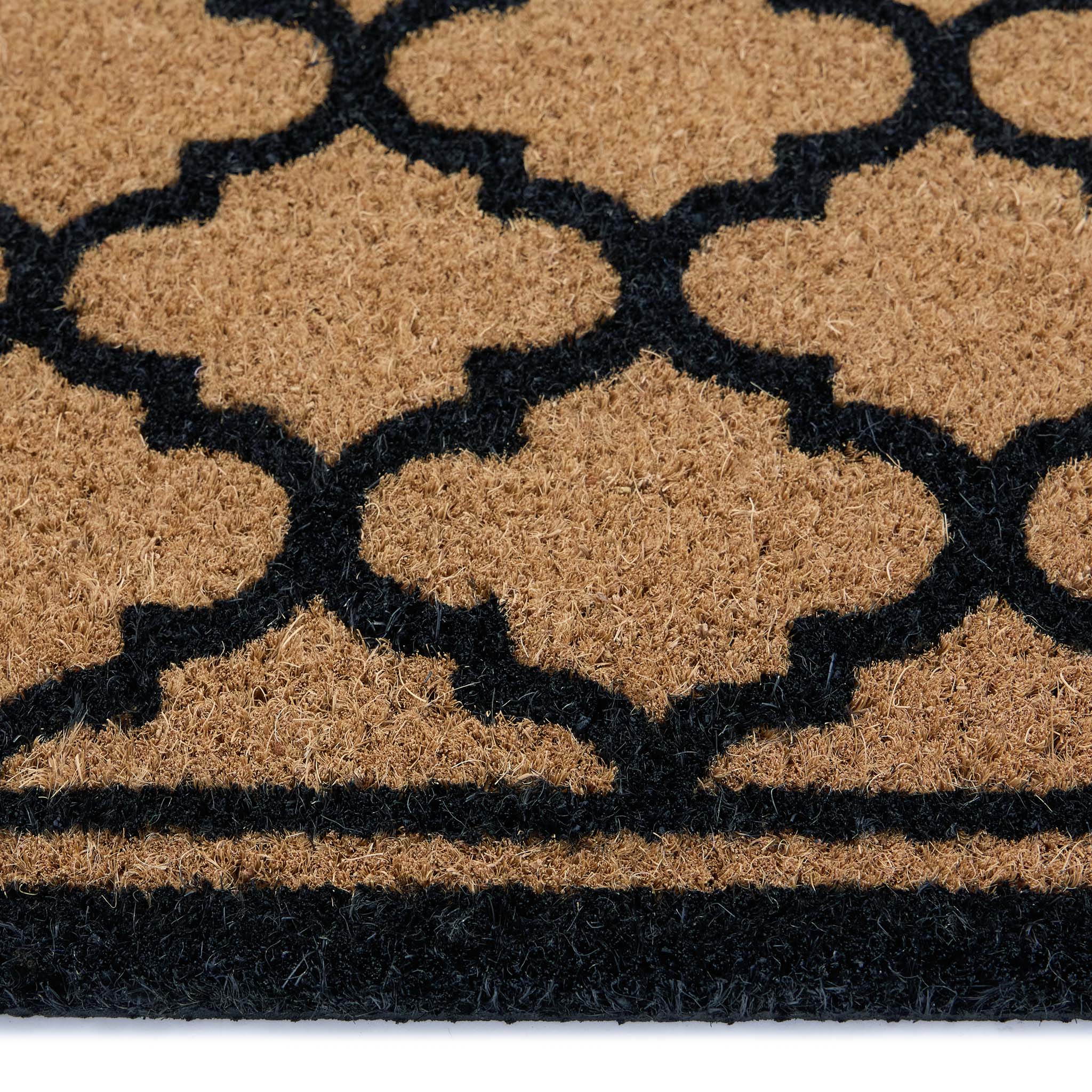 Moroccan Tile Coir Black Doormat with a geometric pattern.