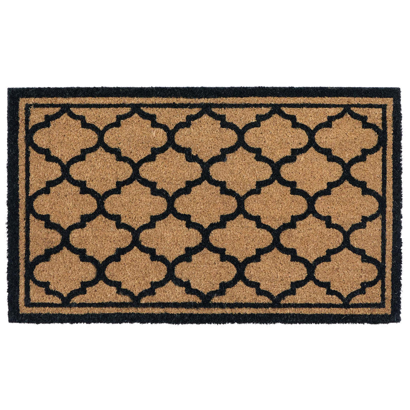 Moroccan Tile Coir Black Doormat with a geometric pattern.