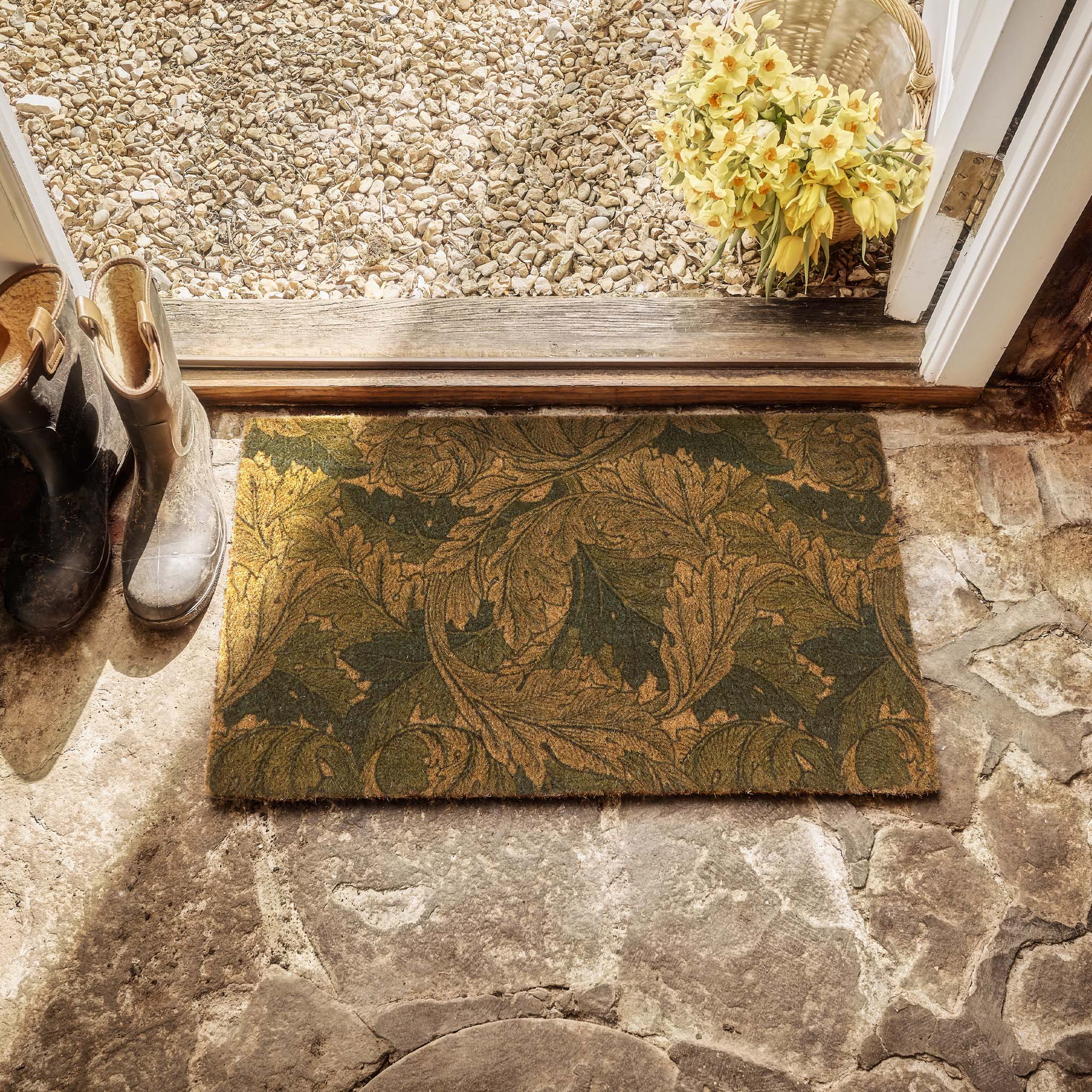 Acanthus Coir Doormat- made from eco-friendly materials featuring a leaf design.
