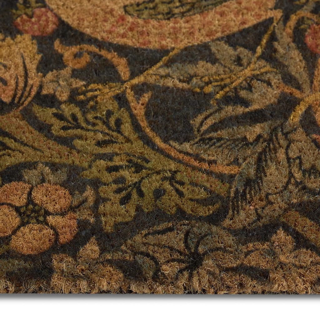 Strawberry Thief Navy Coir Doormat- made from eco-friendly materials featuring birds stealing strawberries.