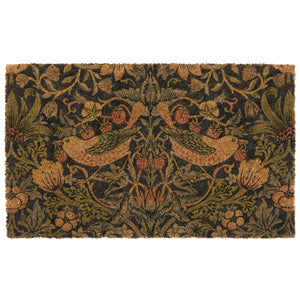 Strawberry Thief Navy Coir Doormat- made from eco-friendly materials featuring birds stealing strawberries.