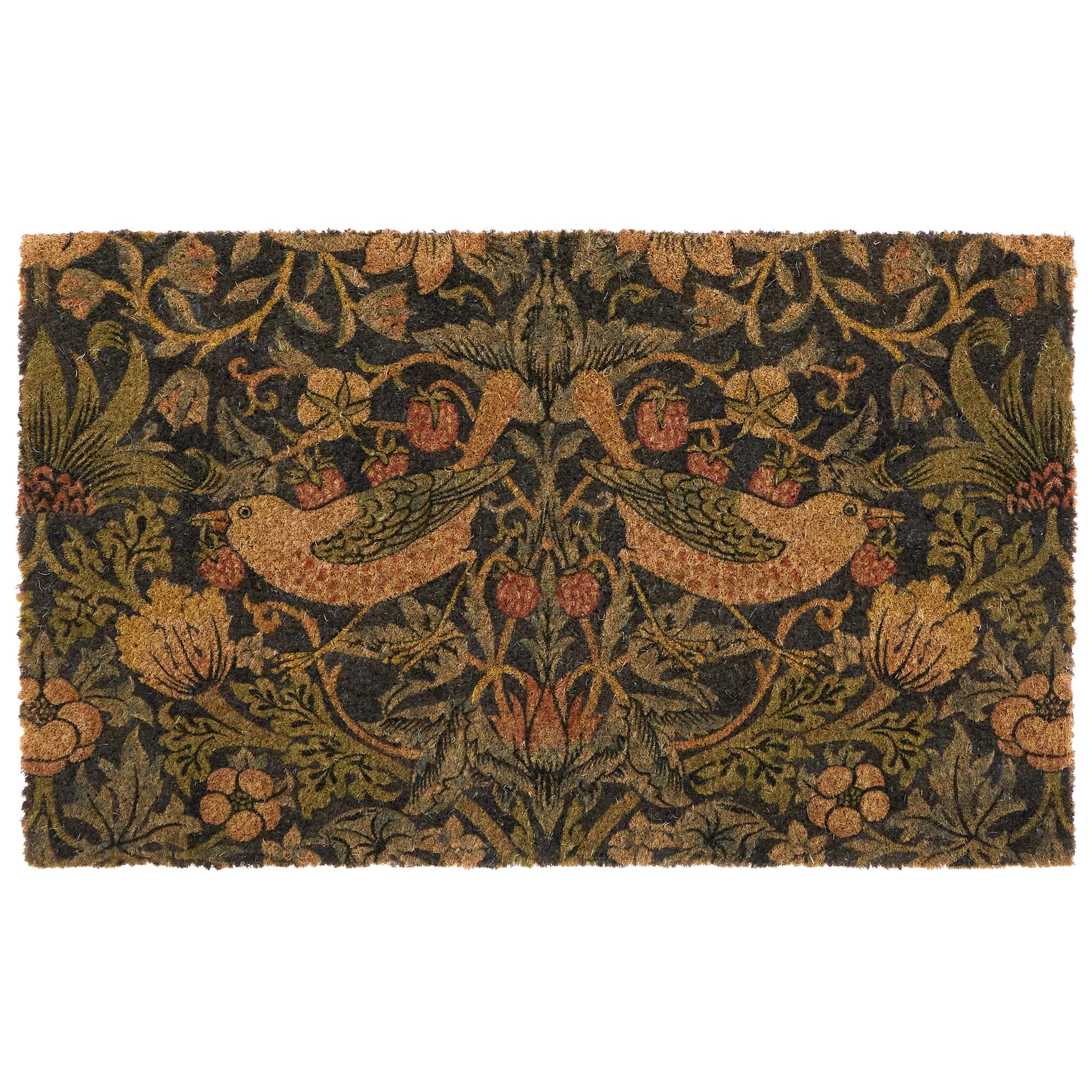 Strawberry Thief Navy Coir Doormat- made from eco-friendly materials featuring birds stealing strawberries.