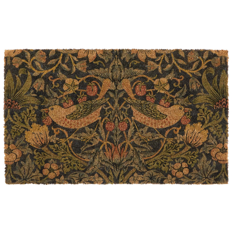 Strawberry Thief Navy Coir Doormat- made from eco-friendly materials featuring birds stealing strawberries.