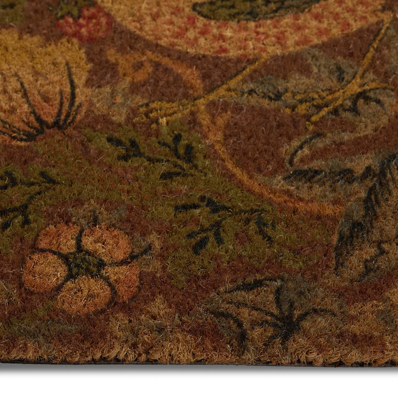 Strawberry Thief Red Coir Doormat- made from 100% eco-friendly materials featuring birds stealing strawberries.
