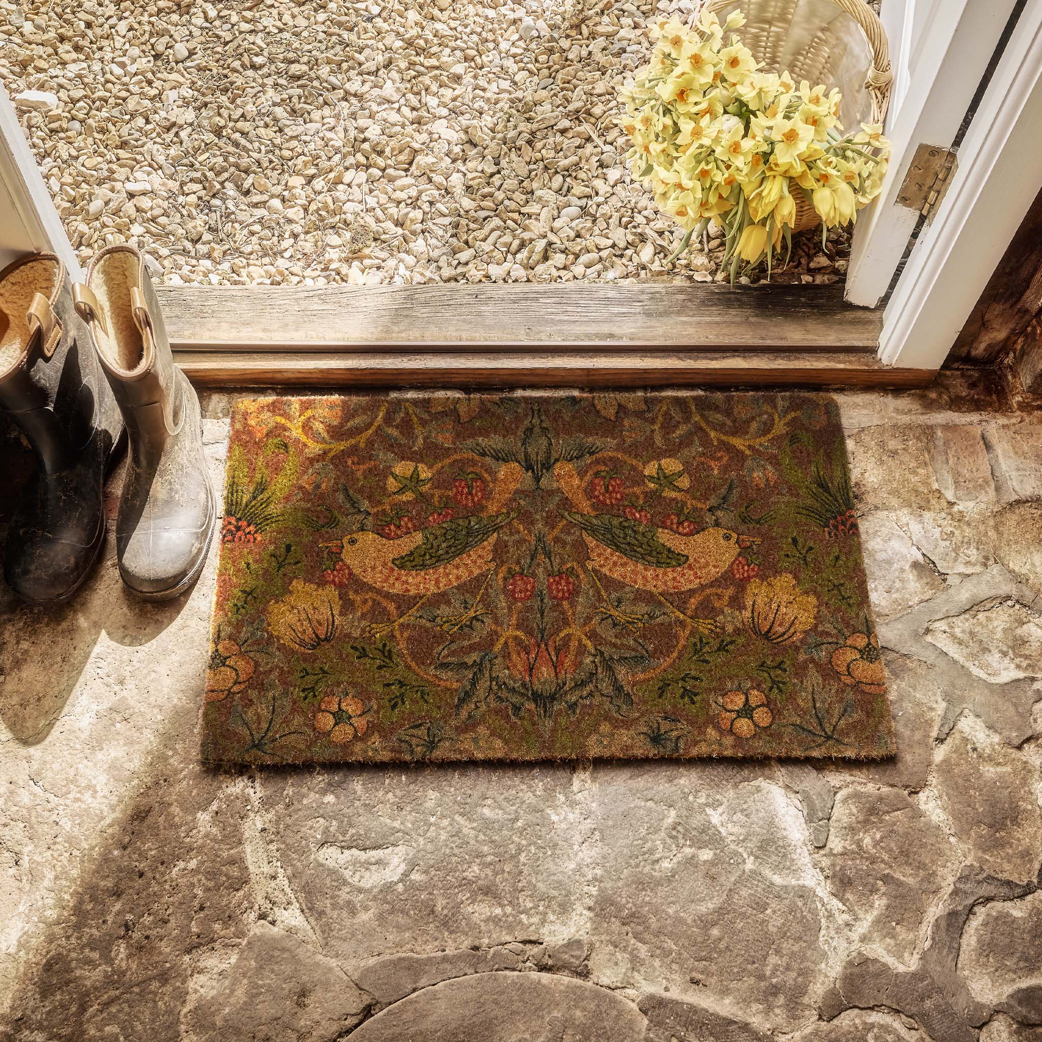 Strawberry Thief Red Coir Doormat- made from 100% eco-friendly materials featuring birds stealing strawberries.