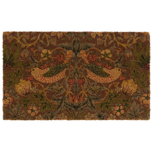 Strawberry Thief Red Coir Doormat- made from 100% eco-friendly materials featuring birds stealing strawberries.