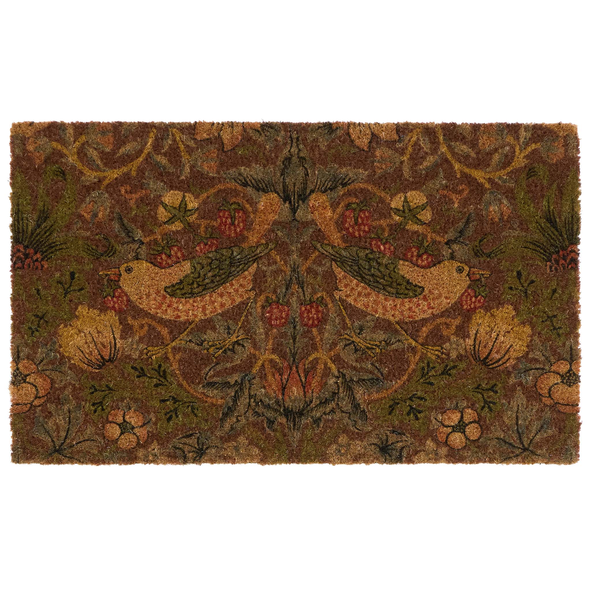 Strawberry Thief Red Coir Doormat- made from 100% eco-friendly materials featuring birds stealing strawberries.