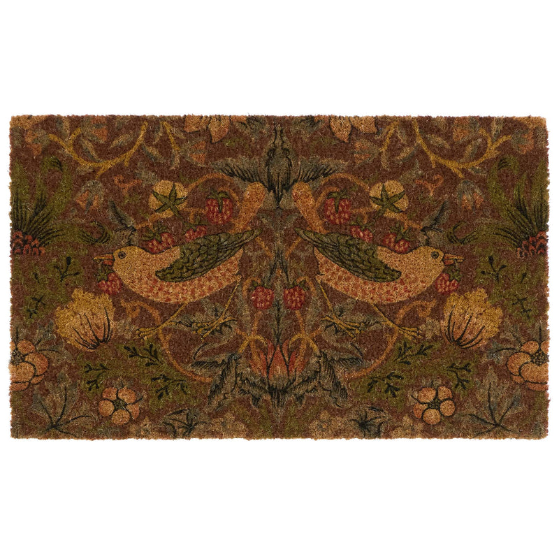 Strawberry Thief Red Coir Doormat- made from 100% eco-friendly materials featuring birds stealing strawberries.