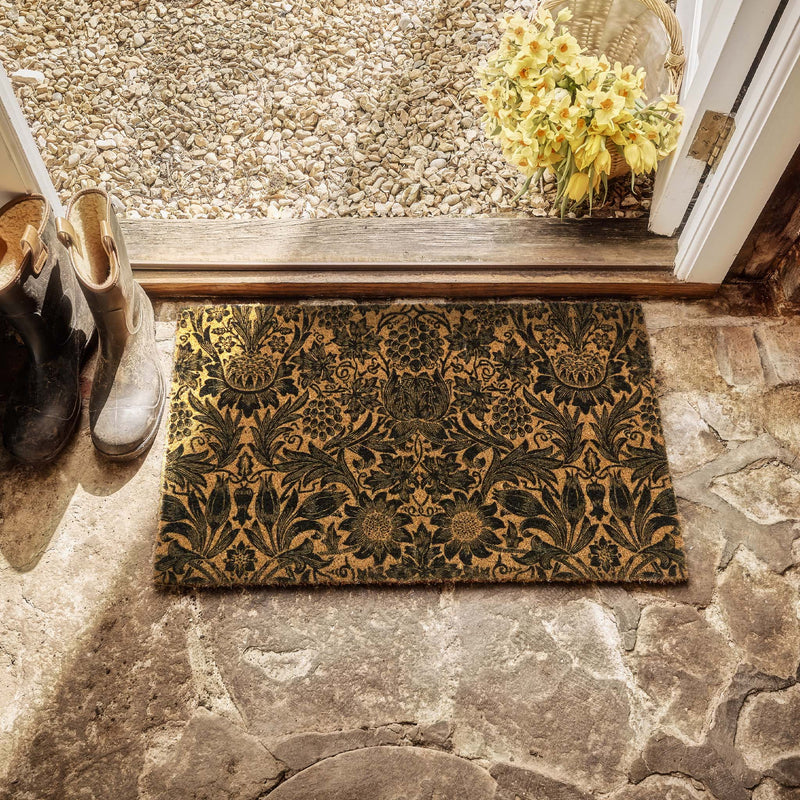 Sunflower Coir Doormat- made from 100% eco-friendly materials featuring a sunflower design.