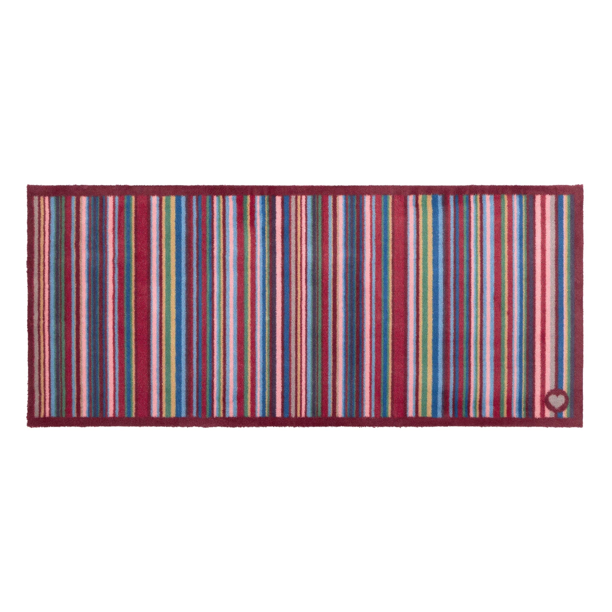 Multi Stripe Red Washable Runner- a 100% recycled cotton runner featuring vibrant stripes in pink, light blue, dark blue, grey, orange, and dark brown.