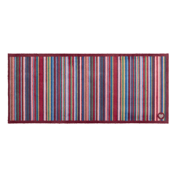 Multi Stripe Red Washable Runner- a 100% recycled cotton runner featuring vibrant stripes in pink, light blue, dark blue, grey, orange, and dark brown.