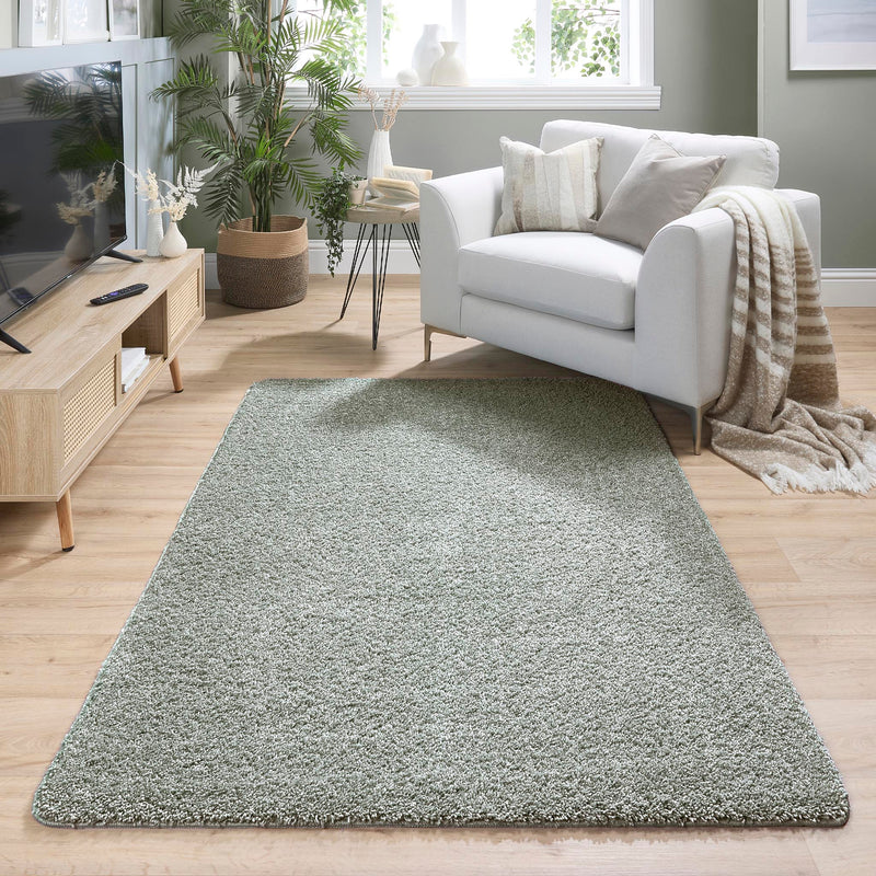 My Rug Green Fleck Washable Rug with a green fleck shaggy design, styled in a living room.