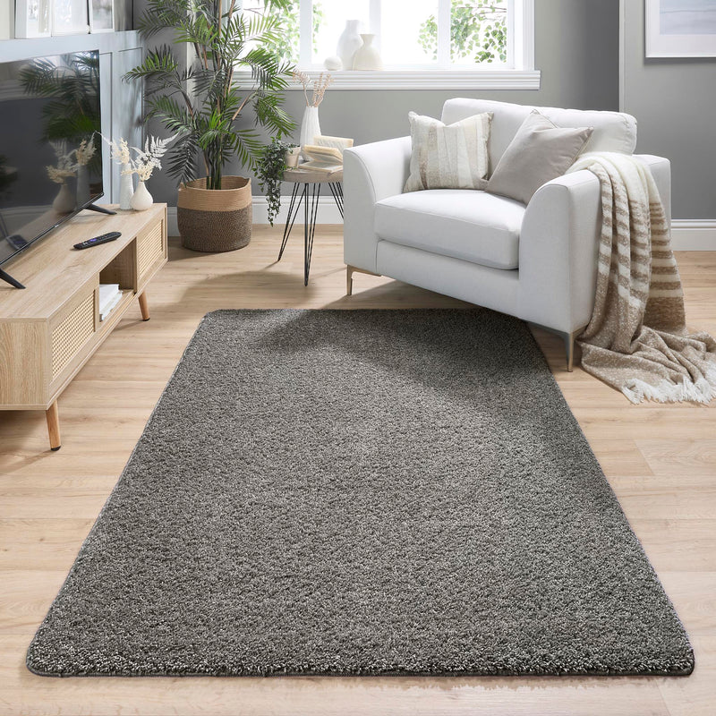 My Rug Grey Fleck Rug with a shaggy grey fleck design, styled in a living room.