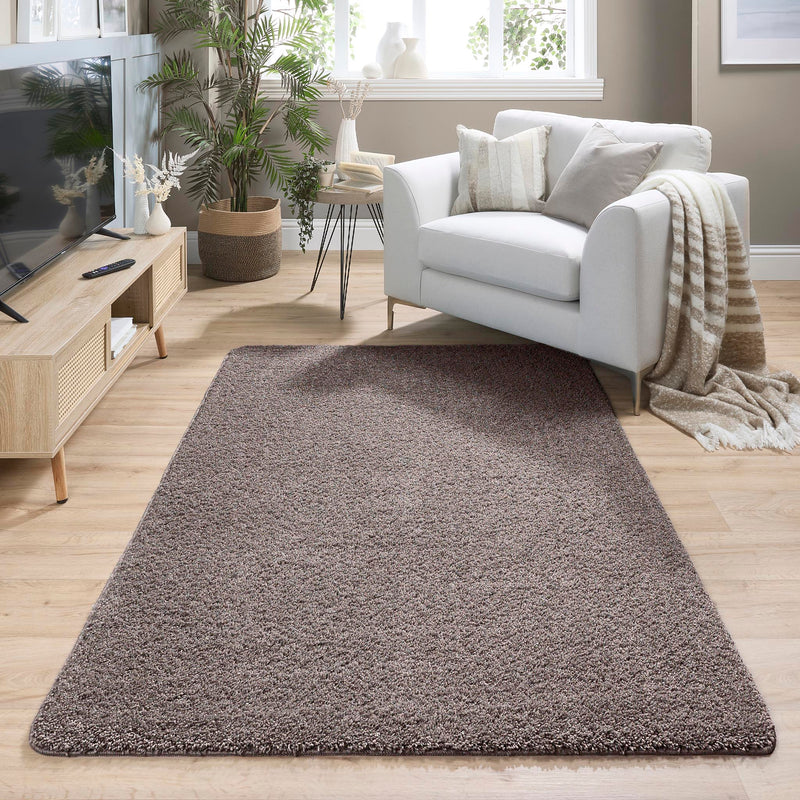 My Rug Mocha Fleck Washable Rug with a brown fleck shaggy design, styled in a living room.