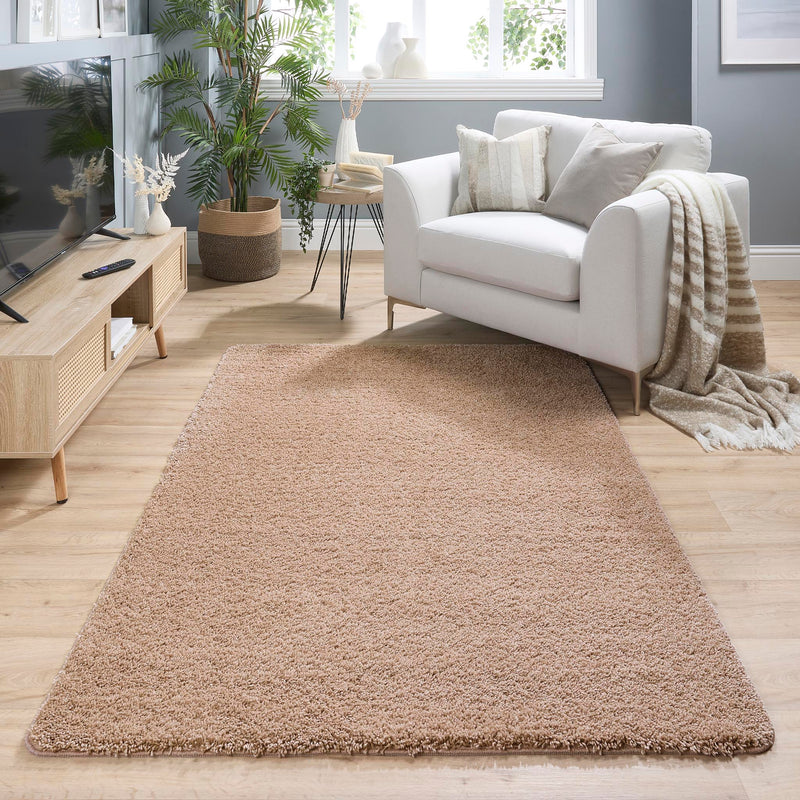 My Rug Nude Pink Washable Rug with a shaggy pile, styled in a living room.