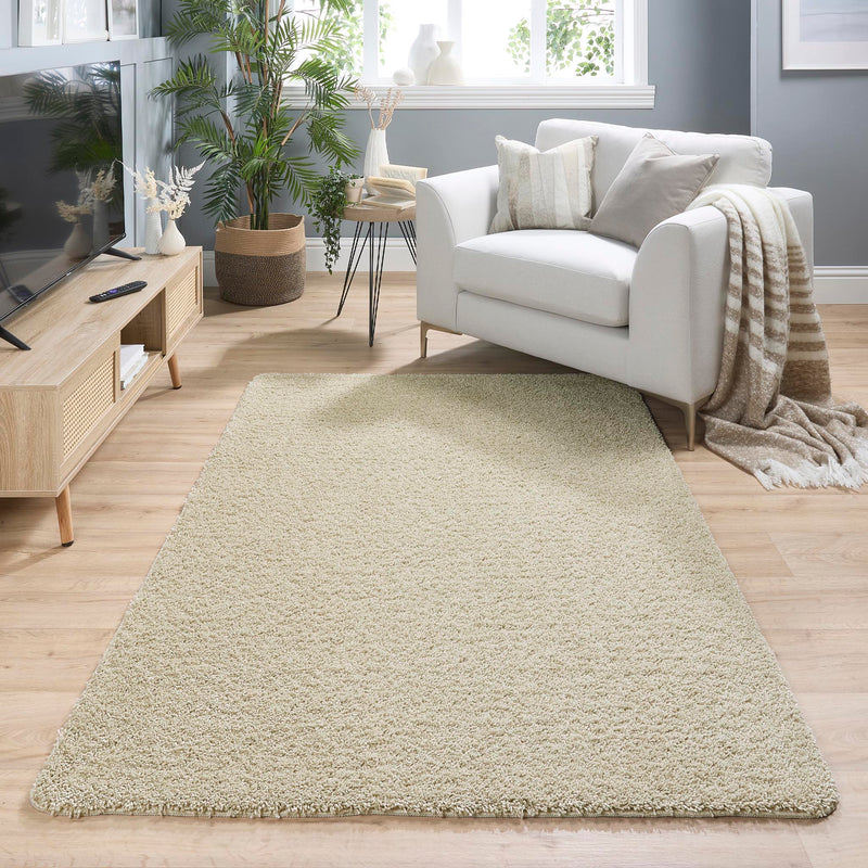 My Rug Stone Beige Washable Rug with a shaggy pile. styled in a living room.