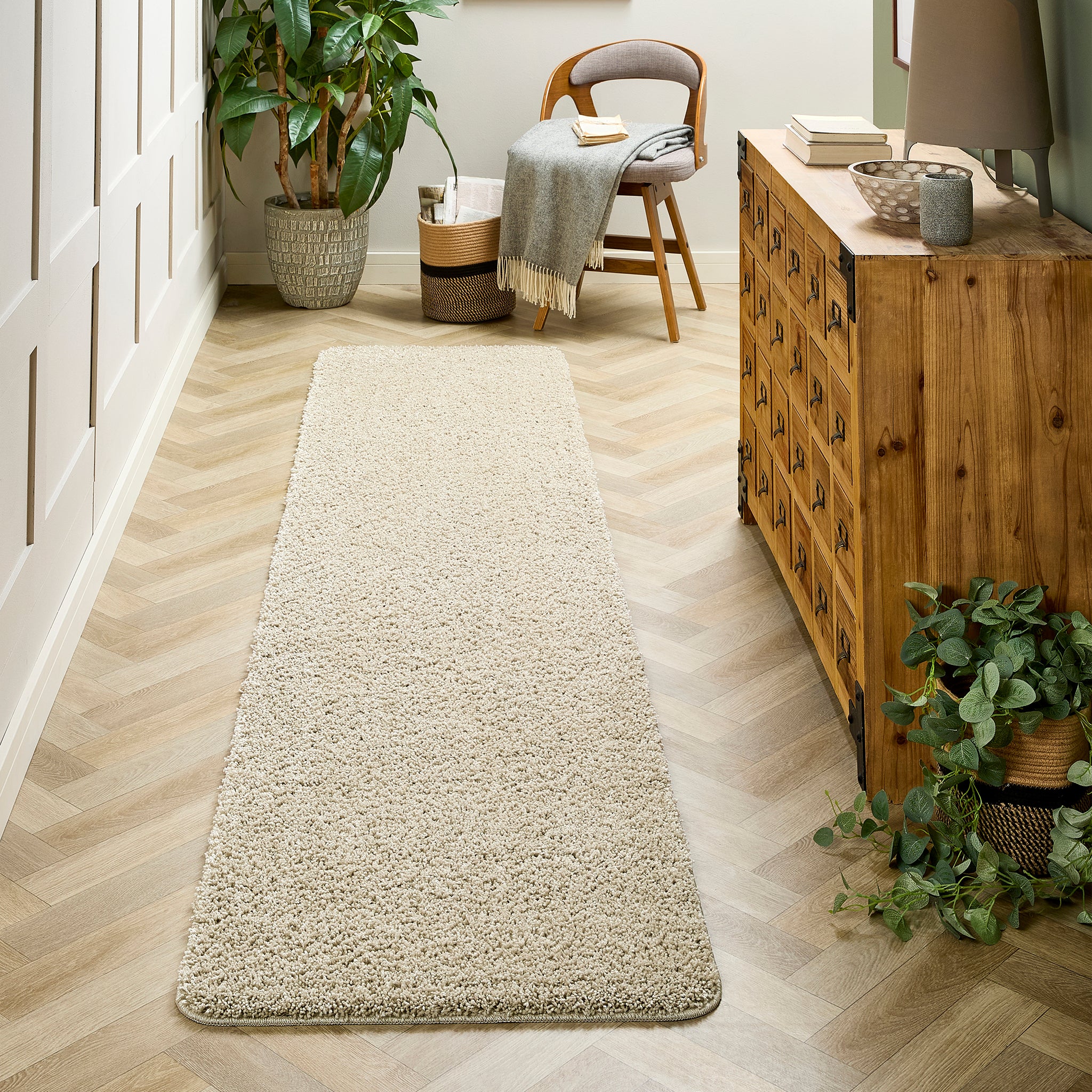 My Rug Stone Beige Runner with a shaggy pile, styled in a hallway. 