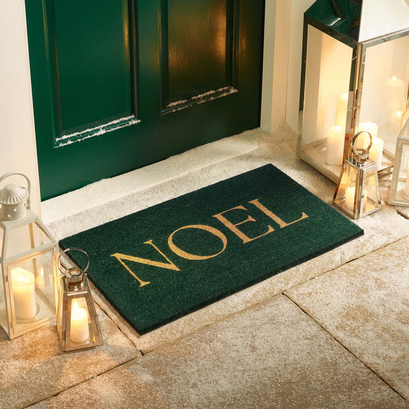 Christmas Noel Coir Doormat- Green Doormat featuring noel written in gold lettering.