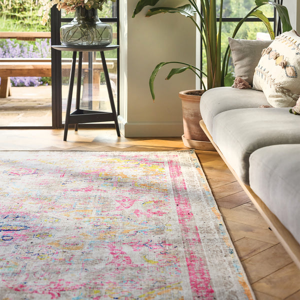 Neo Classical Eco-Washable Rug- 100% recycled content rug featuring a faded vintage inspired pattern.