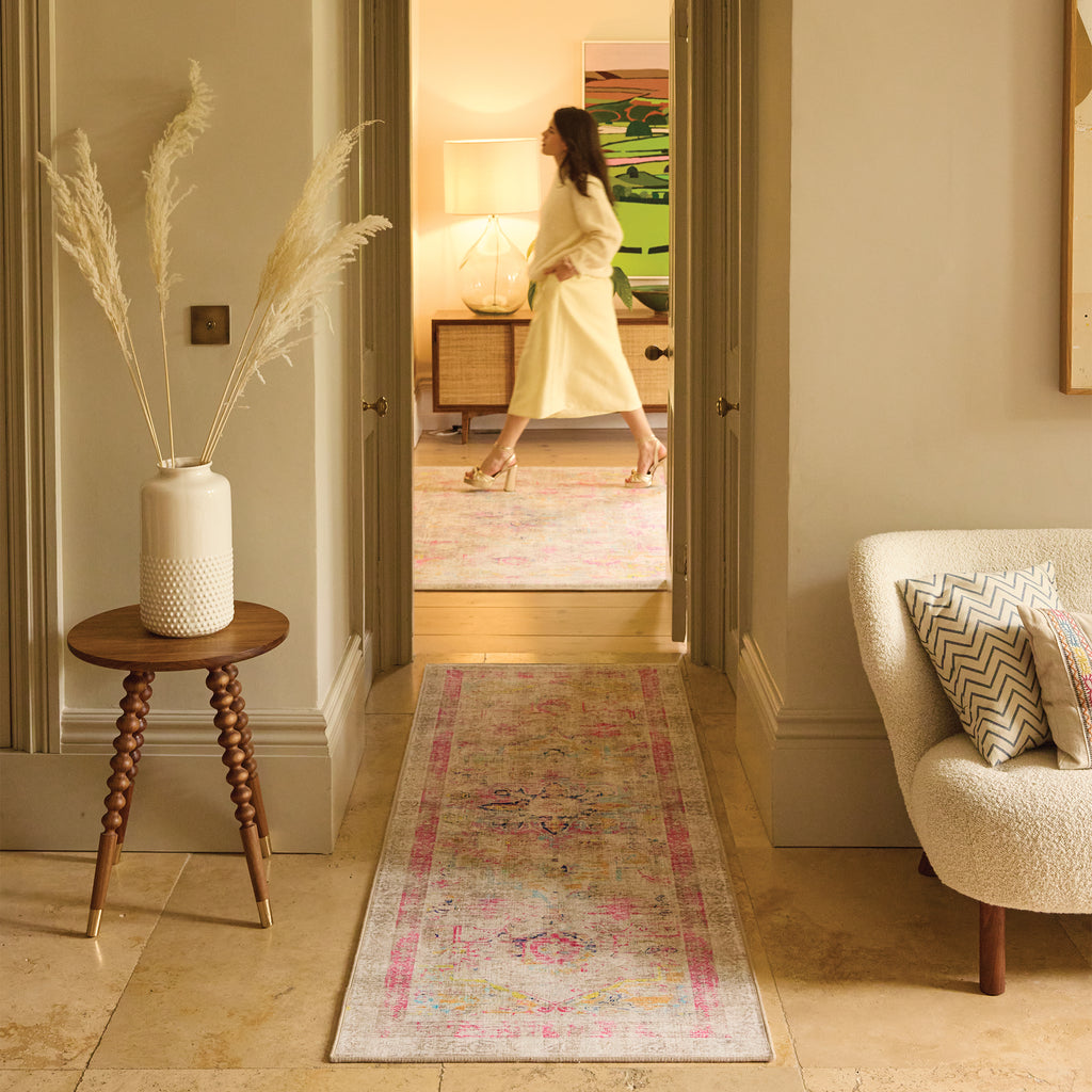 Neo Classical Eco-Washable Rug Runner- 100% recycled content runner featuring a vintage inspired pattern.