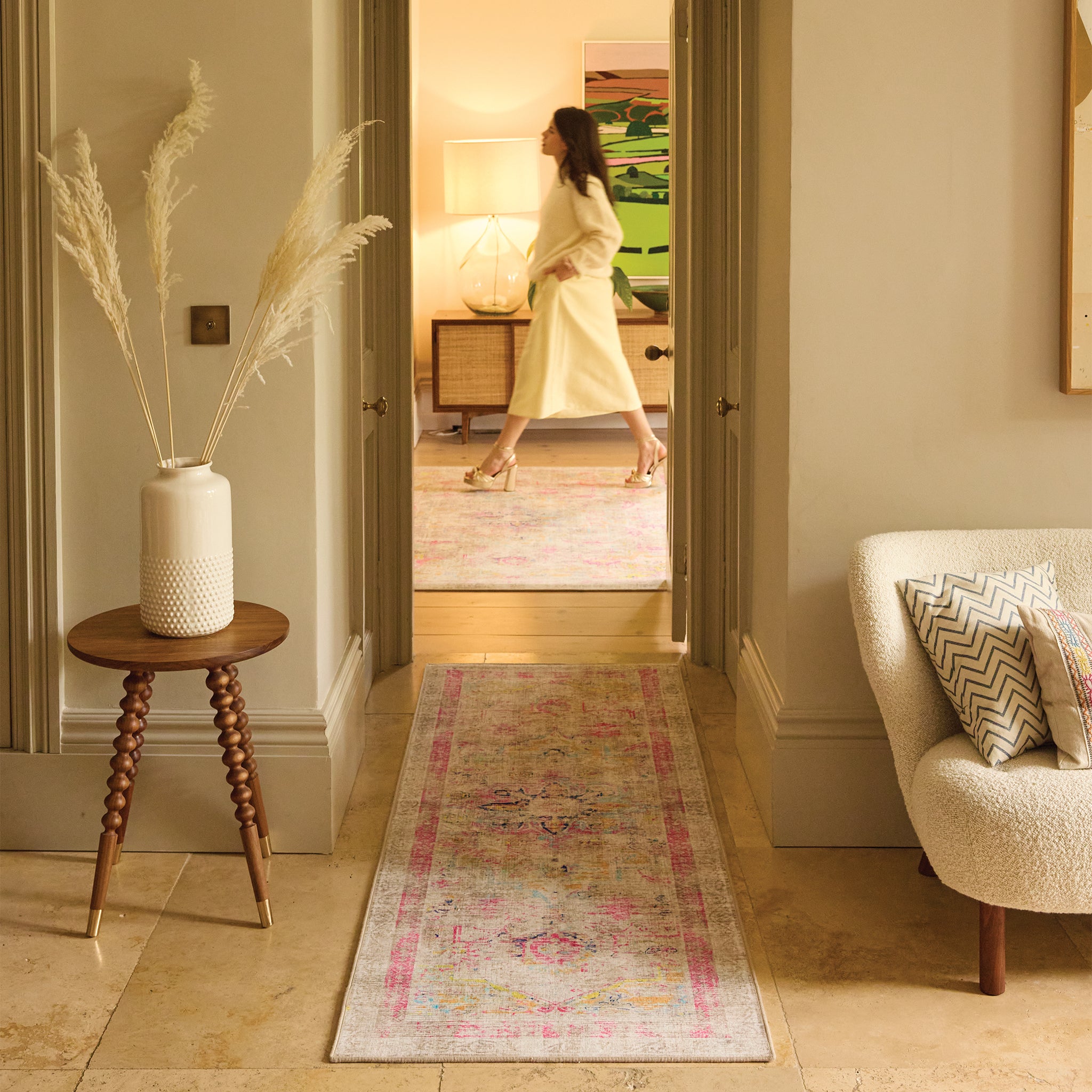Neo Classical Eco-Washable Rug Runner- 100% recycled content runner featuring a vintage inspired pattern.