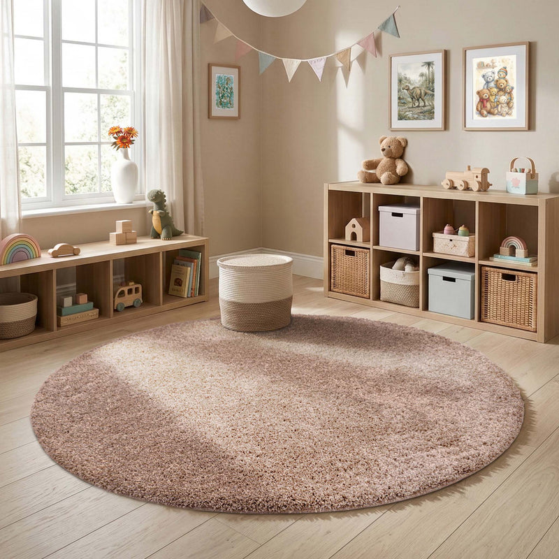 My Rug Nude Pink shaggy rug styled in a nursery room. 