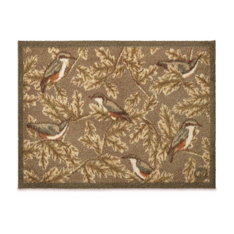 Nuthatch 1 Charity Green Cotton Doormat with a leaf and bird design.