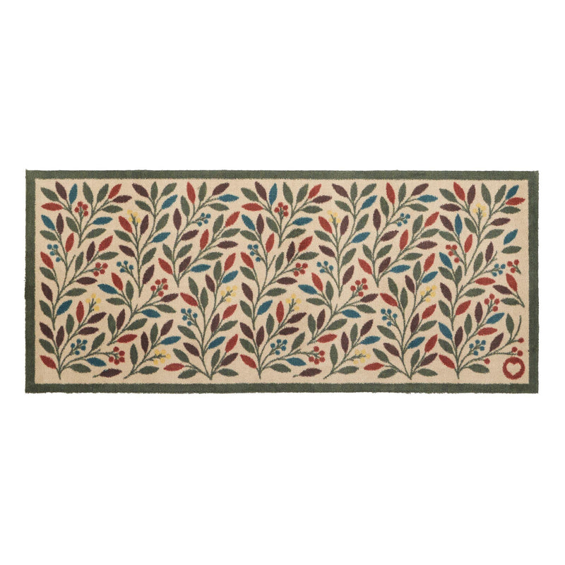  Olive Branch Washable Runner in a light brown- a 100% recycled cotton runner featuring branches adorned with multicoloured leaves and olives.