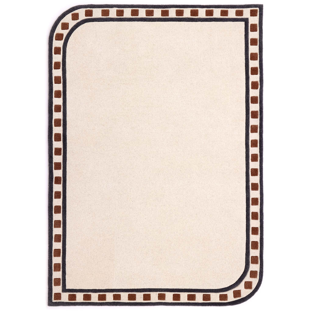 Borderline Natural Rug- a 100% wool cut pile rug featuring a brown and black geometric border. 