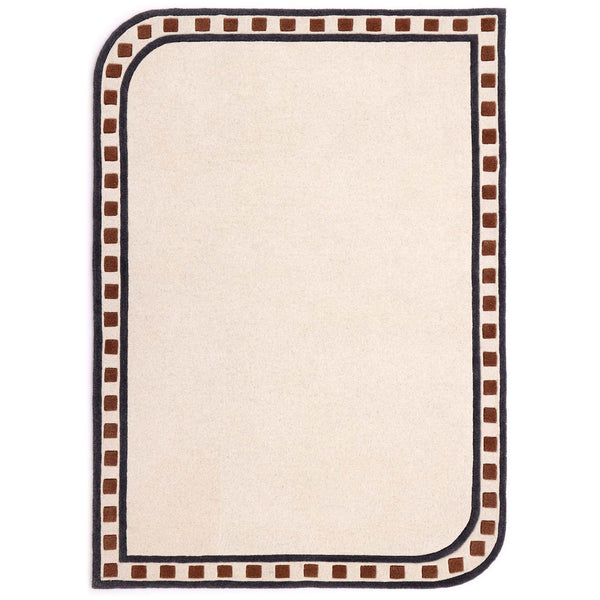 Borderline Natural Rug- a 100% wool cut pile rug featuring a brown and black geometric border. 