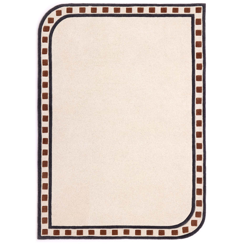 Borderline Natural Rug- a 100% wool cut pile rug featuring a brown and black geometric border. 