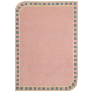 Borderline Pink Rug- 100% wool cut pile rug with a geometric patterned border. 