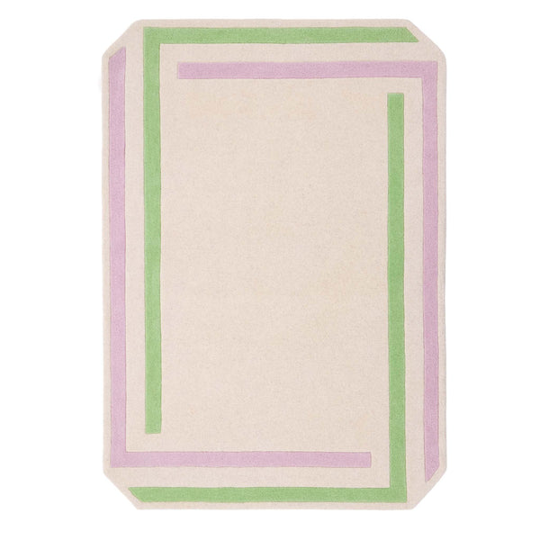 Contour Lavender Green Rug- a 100% wool carved rug featuring a lavender and green border. 