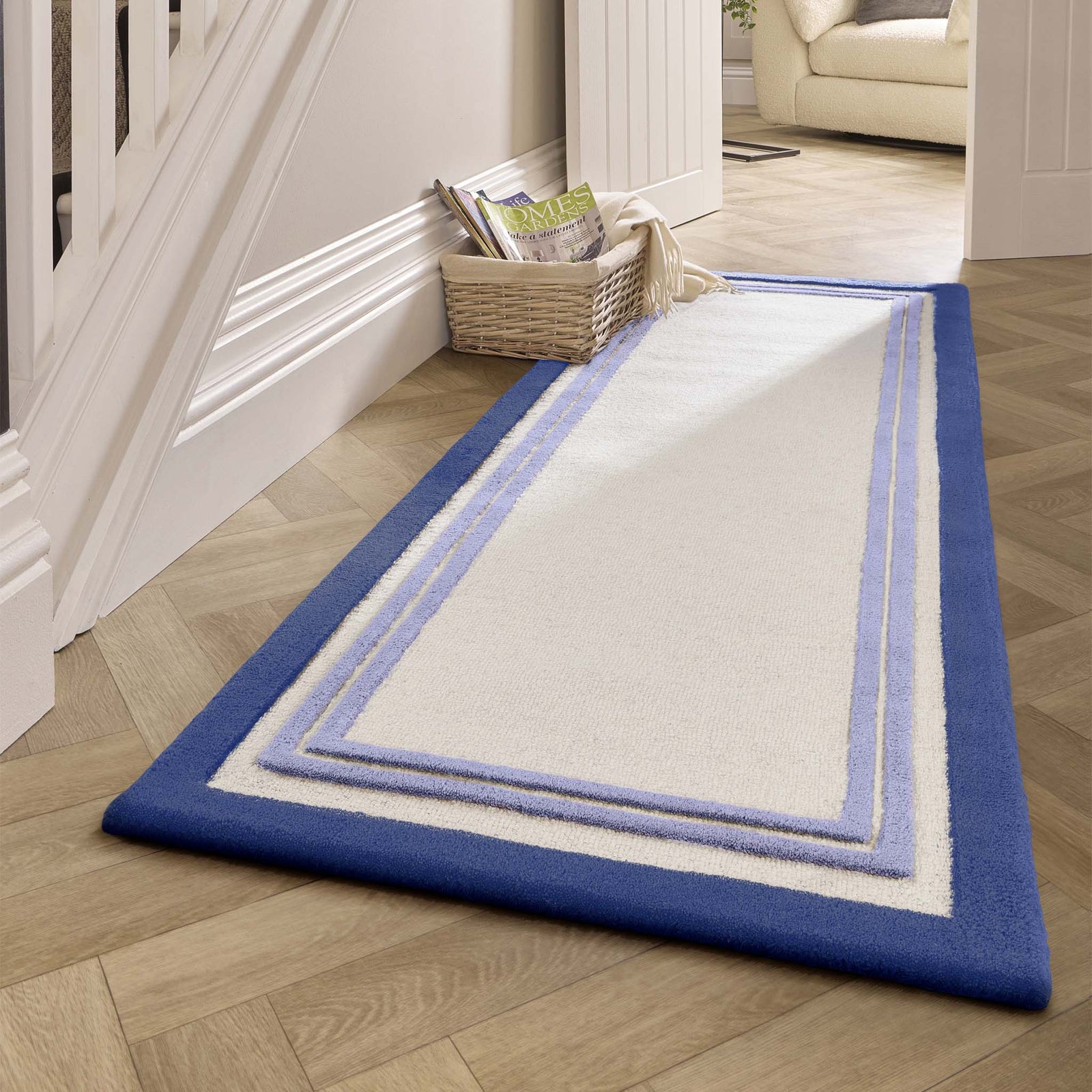 Piper Navy Runner- 100% wool runner featuring a dark and purple border.