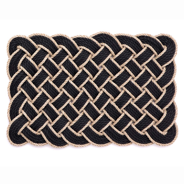 Lovers Knot black outdoor mat- featuring a rope design.
