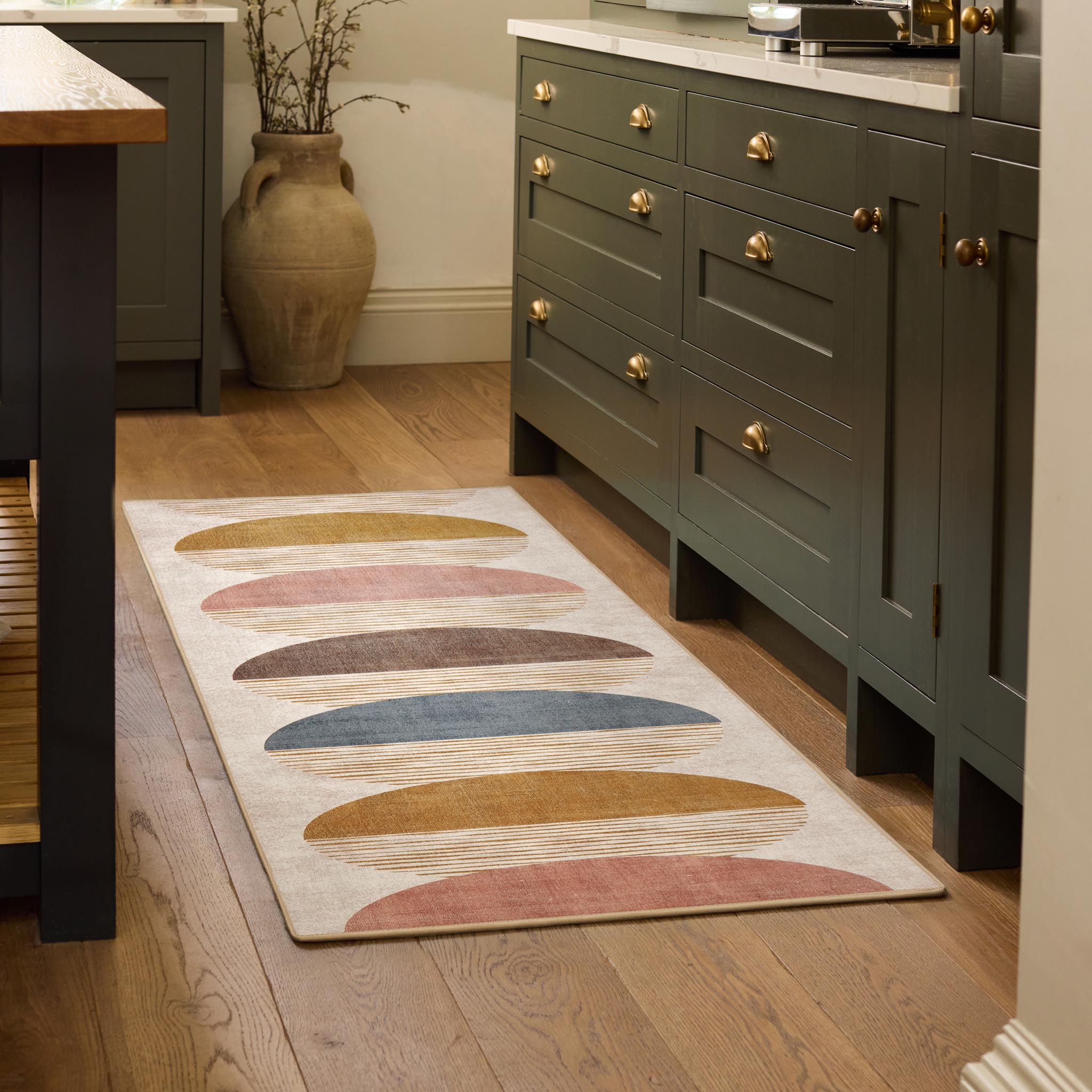 Oval Eclipse Eco-Washable Rug Runner- 100% recycled content runner featuring a geometric design.