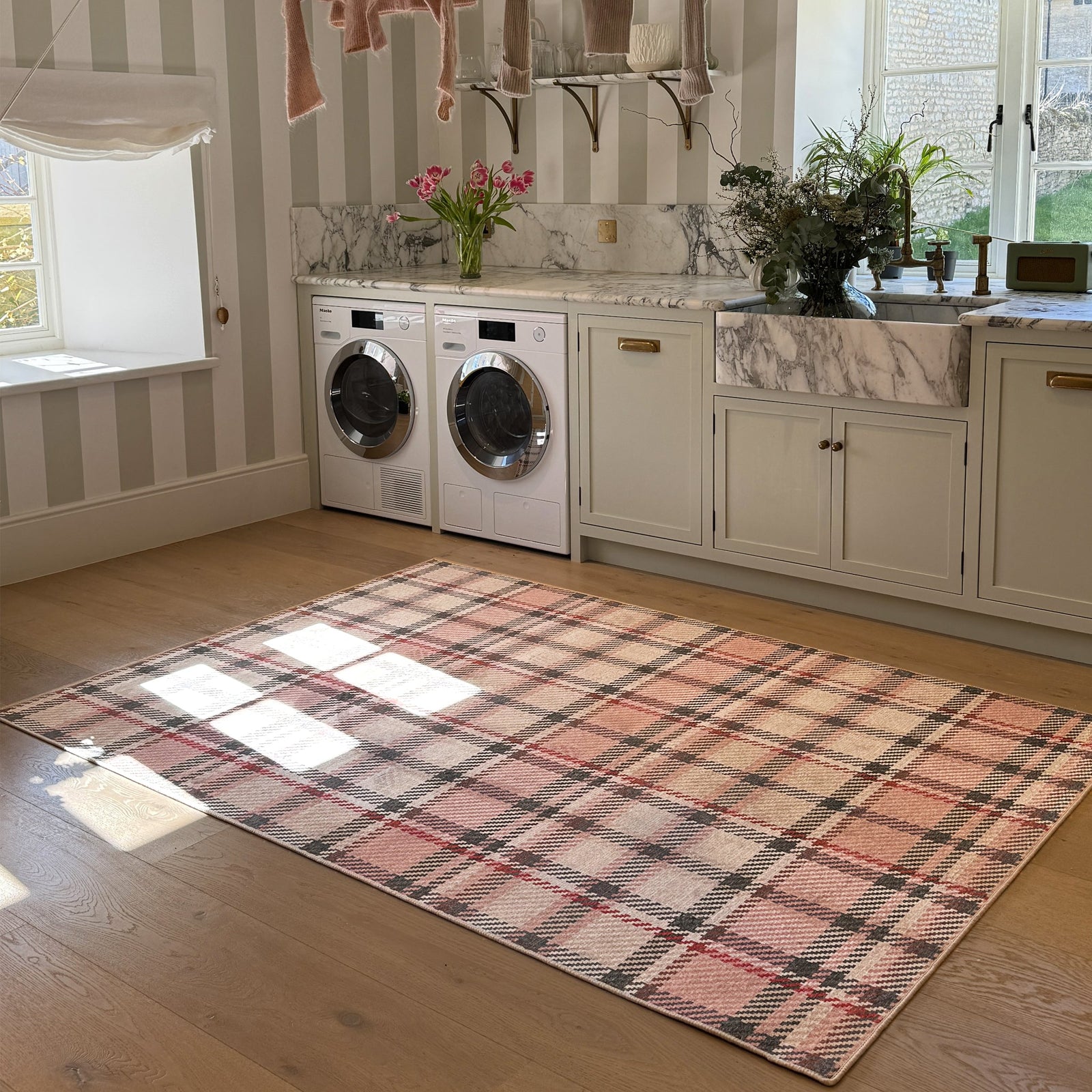 Isla Plaid Pink Eco Washable Rug made from 100% recycled materials, featuring a Pink plaid design.