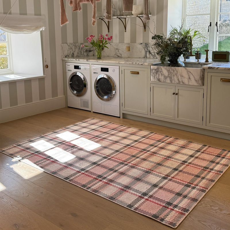 Isla Plaid Pink Eco Washable Rug made from 100% recycled materials, featuring a Pink plaid design.