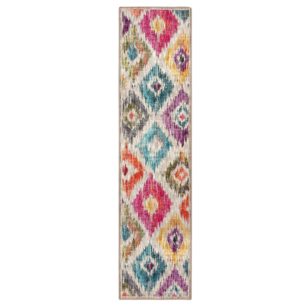 Painted Ikat Eco-Washable Rug Runner- 100% recycled content runner featuring a colourful geometric design.
