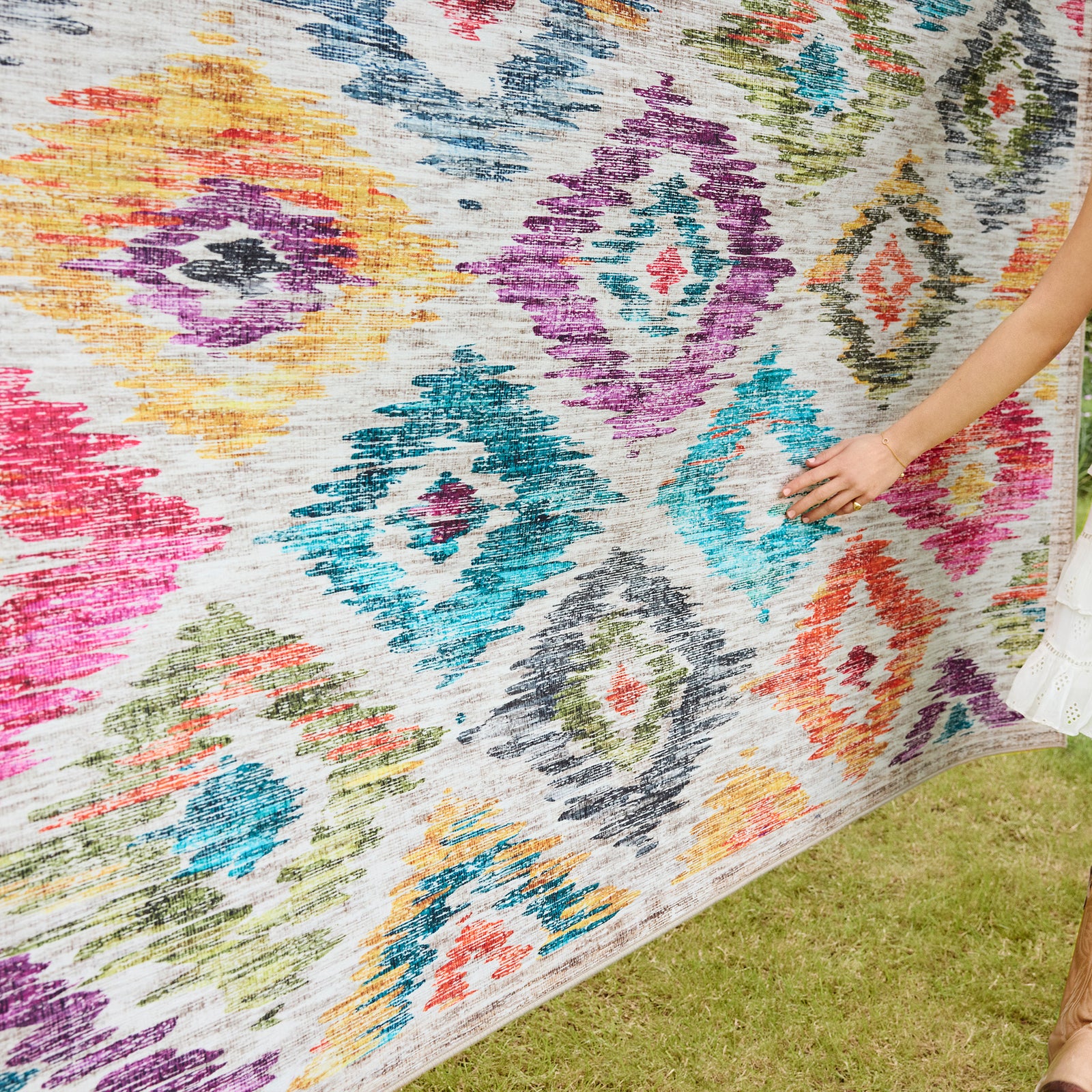 Painted Ikat Eco-Washable Rug- 100% recycled content rug featuring a colourful geometric pattern.