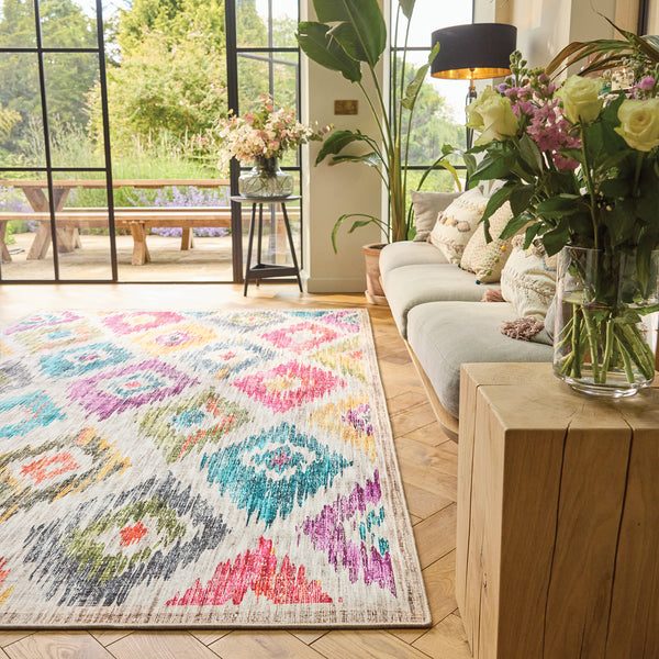 Painted Ikat Eco-Washable Rug- 100% recycled content rug featuring a colourful geometric pattern.