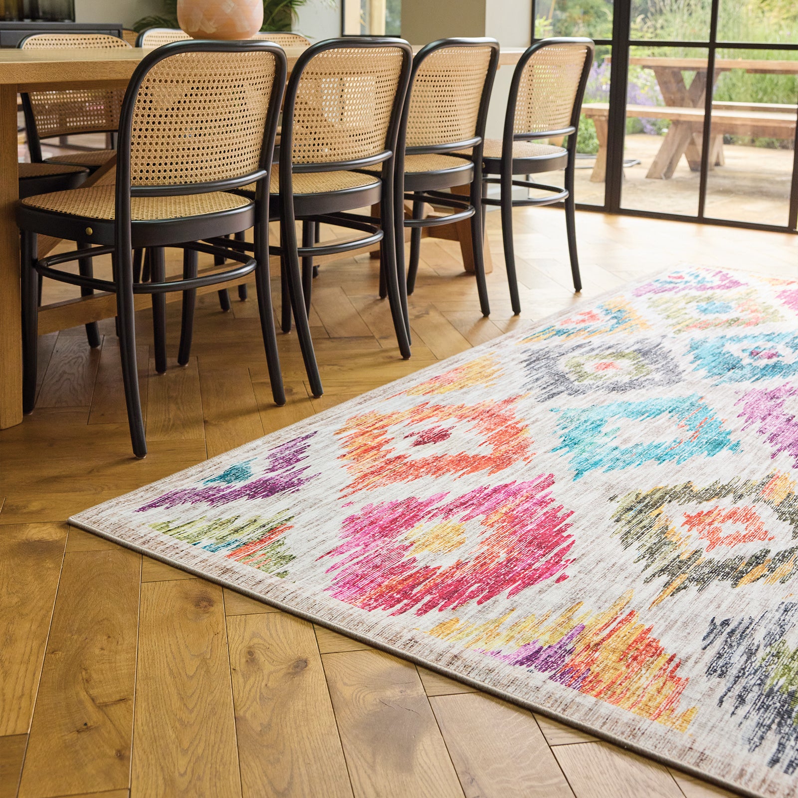 Painted Ikat Eco-Washable Rug- 100% recycled content rug featuring a colourful geometric pattern.