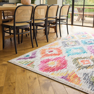 Painted Ikat Eco-Washable Rug- 100% recycled content rug featuring a colourful geometric pattern.