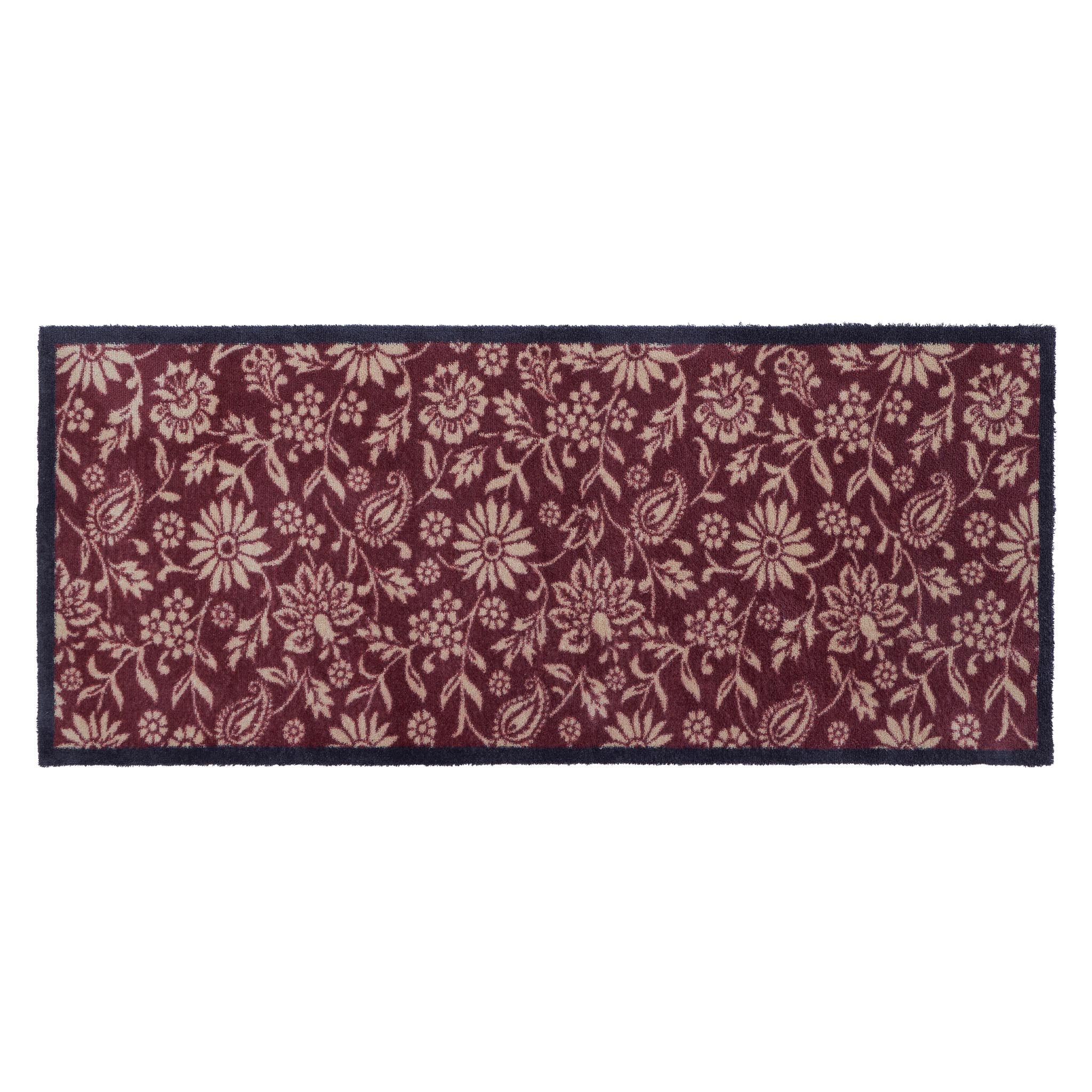 Paisley Floral Burgundy Washable Doormat- a cotton washable doormat featuring a white floral pattern.