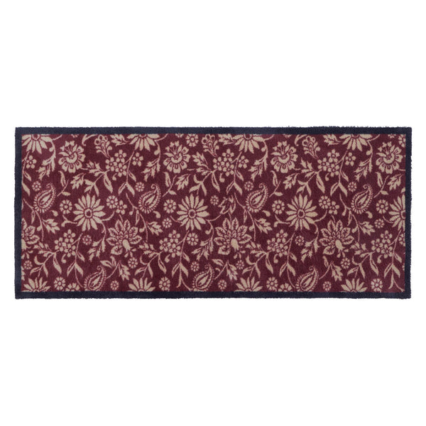 Paisley Floral Burgundy Washable Runner in a dark red- a 100% recycled cotton runner featuring a crisp white floral pattern.