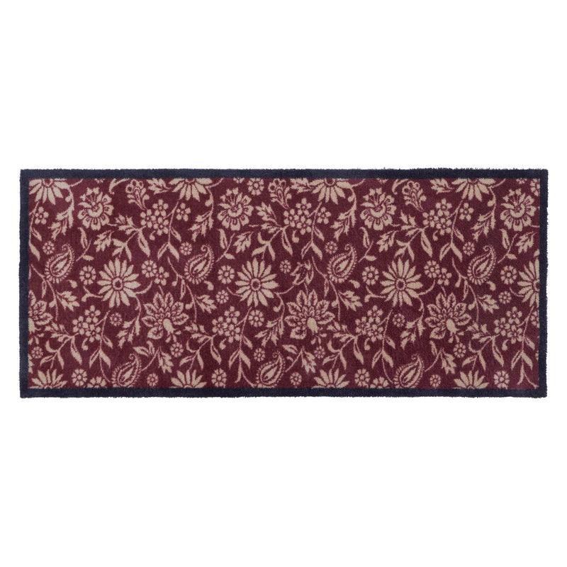 Paisley Floral Burgundy Washable Runner in a dark red- a 100% recycled cotton runner featuring a crisp white floral pattern.