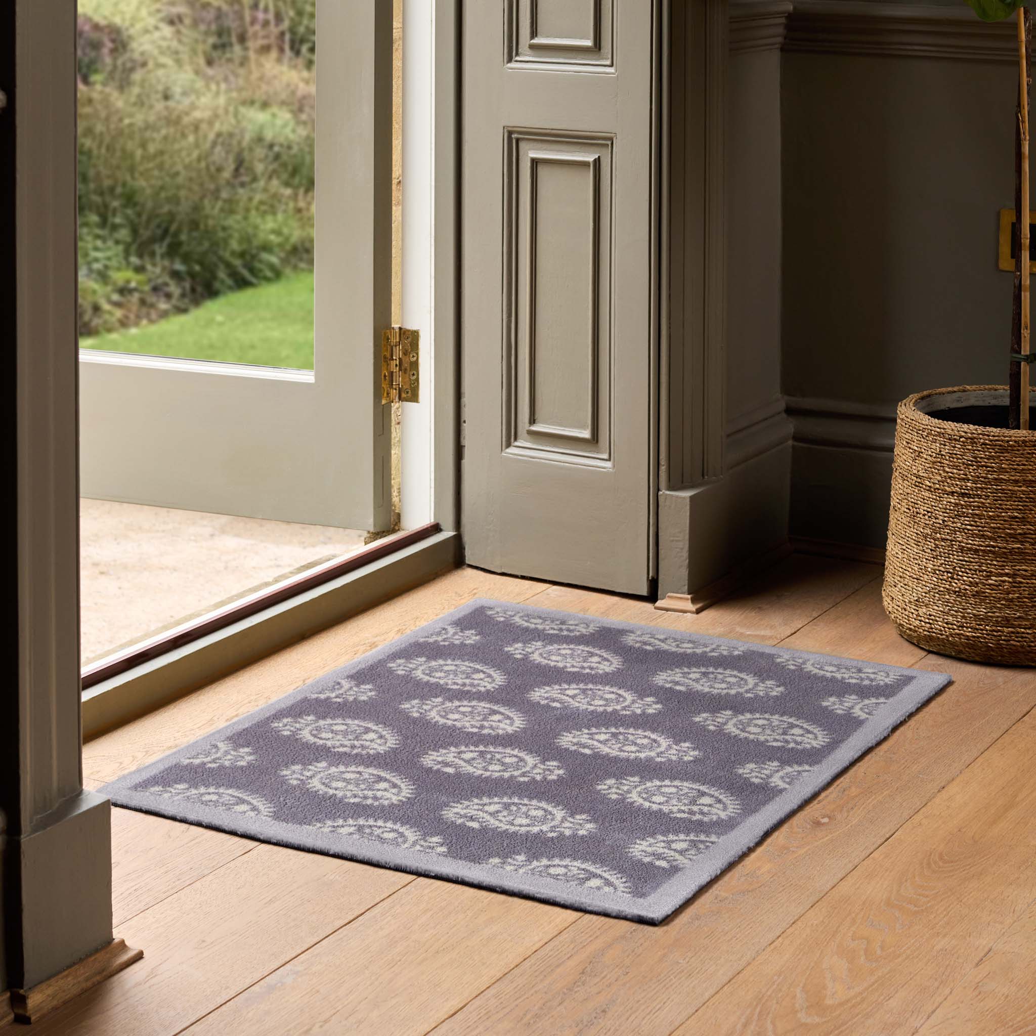 Paisley Grey Washable Doormat- 100% recycled cotton doormat featuring a paisley design. 