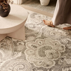 Close-up of Paisley Tapestry Linen Eco-Washable Rug showing paisley design.