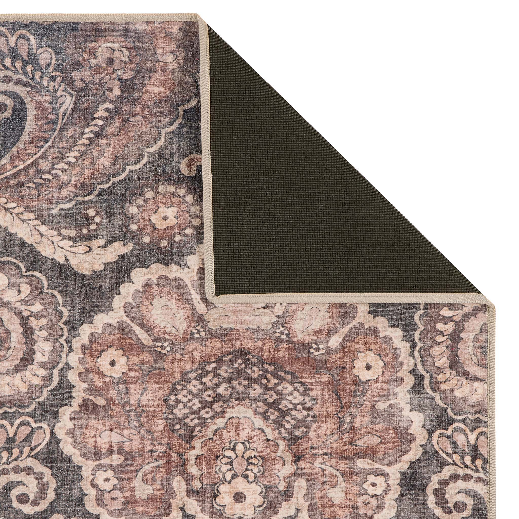Paisley Tapestry Smoke Eco-Washable Rug showing the backing.