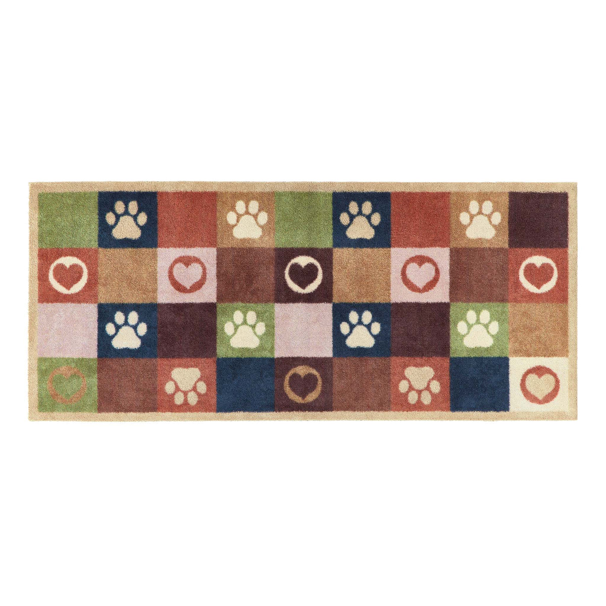 A rectangular pet-themed area runner with a patchwork design of colored squares featuring paw prints, hearts, and a ring motif on a white background.